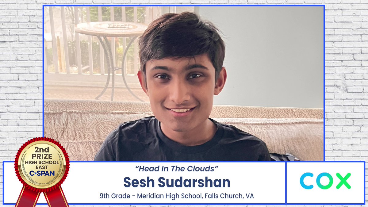 Congratulations to Sesh Sudarshan from Meridian High School in Falls Church, VA on winning 2nd Prize for his documentary on the past and future of cloud computing, 'Head In The Clouds.' It airs today on C-SPAN - watch it here: studentcam.org/2024-2ndPrize-… @CoxComm