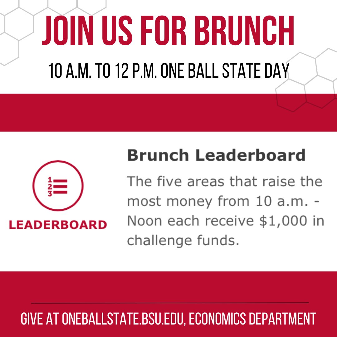 Economics Department (@bsuecon) on Twitter photo Join us for giving at One Ball State Day during brunch to unlock an extra $1,000 for our department!
Brunch is from 10 a.m. to 12 p.m.
Visit oneballstate.bsu.edu/giving-day/835… to donate! Join us for giving at One Ball State Day during brunch to unlock an extra $1,000 for our department!
Brunch is from 10 a.m. to 12 p.m.
Visit oneballstate.bsu.edu/giving-day/835… to donate!