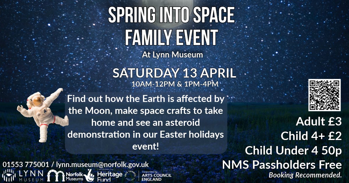 🚀 Spring into Space Family Event at Lynn Museum is tomorrow, Saturday 13 April! 🌍 Make space crafts, take part in a trail, see an asteroid demonstration and enjoy stories under the Moon! 🎟️ Adult £3, Child 4+ £2, Child under 4 50p. Booking recommended: tinyurl.com/4uud8kjr