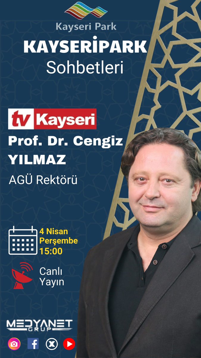 4 Nisan 2024 Perşembe saat 15:00'de #canlı #yayın KAYSERİPARK Sohbetleri program konuğu AGÜ Rektörü Prof. Dr. Cengiz Yılmaz oluyor @agu_lmaz @AguHayalim @AguHayalim #SONDAKİKA #Ramazan2024