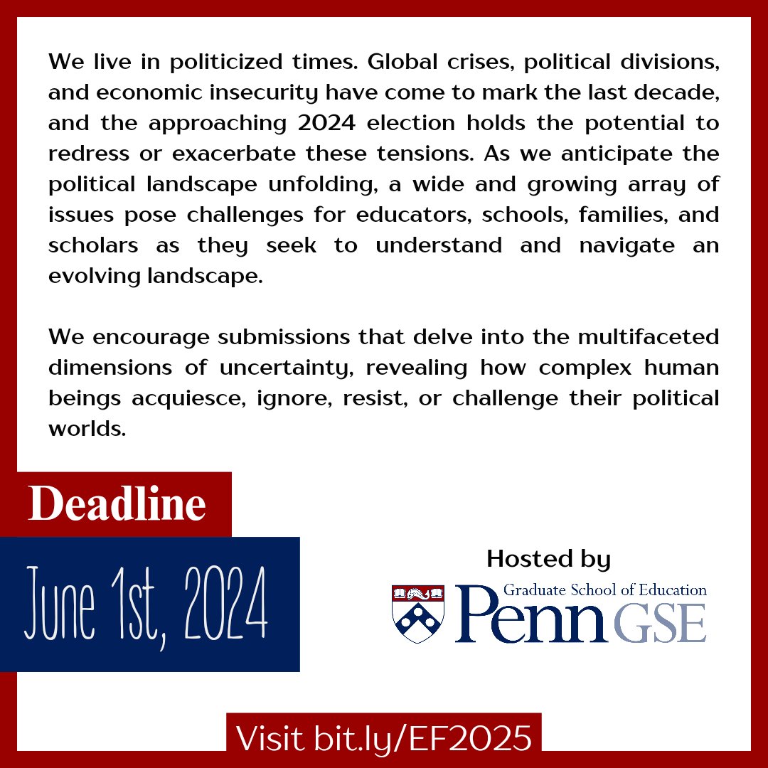 Join us in exploring the crossroads of ethnography, education, and democracy in uncertain times. Submit your papers by June 1,2024. For more details: bit.ly/EF2025 #AcademicTwitter #AcademicChatter #CallforPapers