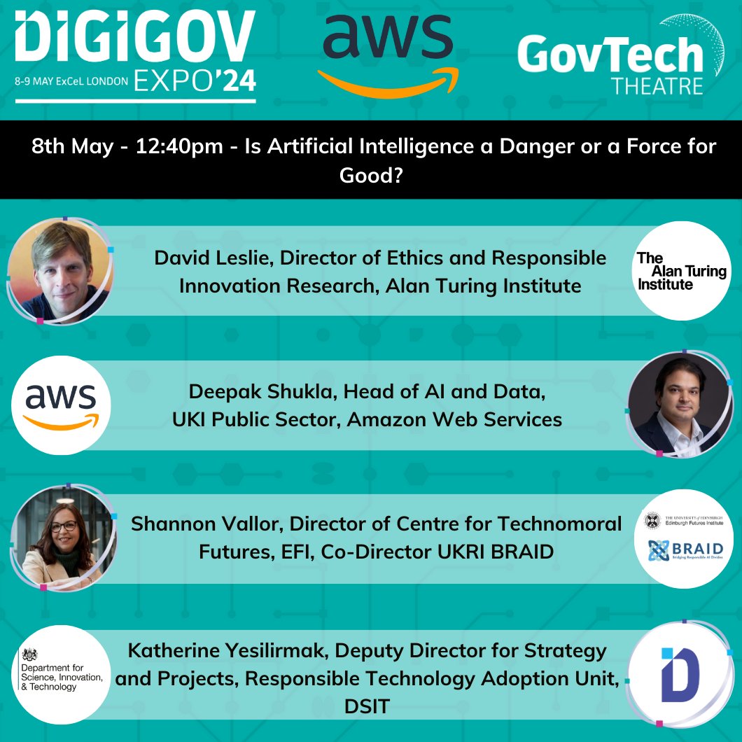 Is AI a danger or a force for good? Explore AI integration, deep fakes and more with our experts at #DigiGovExpo: David Leslie, @turinginst Deepak Shukla, @awscloud Shannon Valor, @UoE_EFI, @Braid_UK Katherine Yesilirmak, @SciTechgovuk 👀 Find out more: hubs.la/Q02rDRNK0