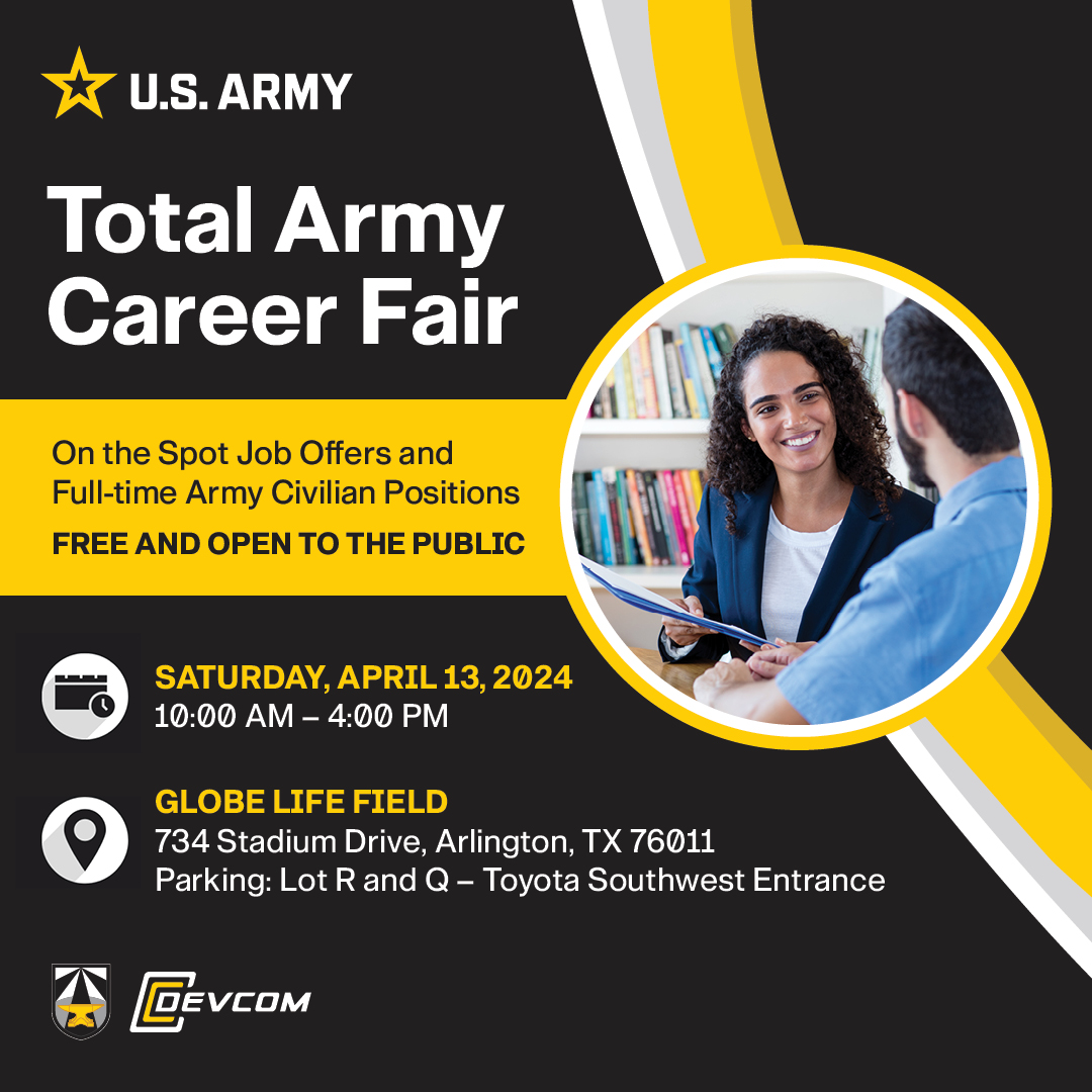 DEVCOM representatives will attend the Total Army Career Fair, an Army-only hiring fair, held at Globe life field in Arlington, Texas, on 13 April. See you there! Pre-register here: spr.ly/6011ZfZKc #BeAllYouCanBe #ArmySTEM #ArmyCareers