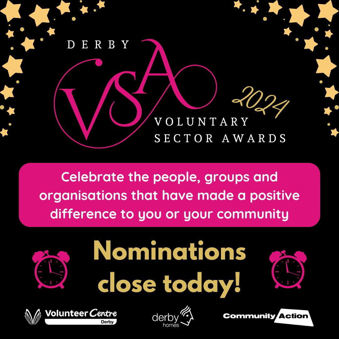 ⏰Derby Voluntary Sector Awards: Nominations close today⏰ Last chance to celebrate the city’s amazing voluntary and community sector- make a nomination today! Winners will be invited to an awards ceremony in June 2024 during #VolunteersWeek communityactionderby.org.uk/awards-2024 @DerbyHomes