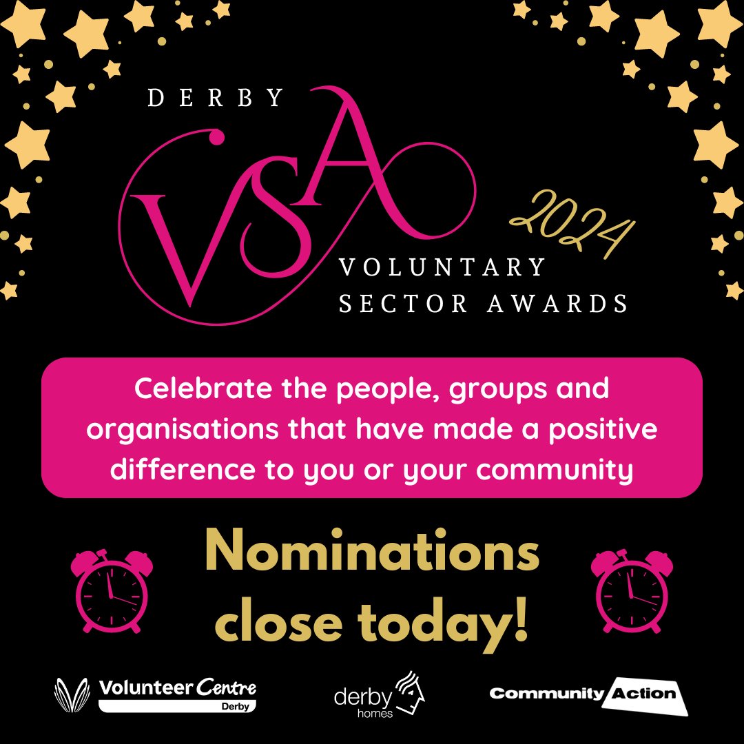 Community Action Derby (@derbyca) on Twitter photo ⏰Derby Voluntary Sector Awards: Nominations close today⏰
Last chance to celebrate the city’s amazing voluntary and community sector- make a nomination today! Winners will be invited to an awards ceremony in June 2024 during #VolunteersWeek
communityactionderby.org.uk/awards-2024
<a href="/DerbyHomes/">Derby Homes</a> ⏰Derby Voluntary Sector Awards: Nominations close today⏰
Last chance to celebrate the city’s amazing voluntary and community sector- make a nomination today! Winners will be invited to an awards ceremony in June 2024 during #VolunteersWeek
communityactionderby.org.uk/awards-2024
<a href="/DerbyHomes/">Derby Homes</a>