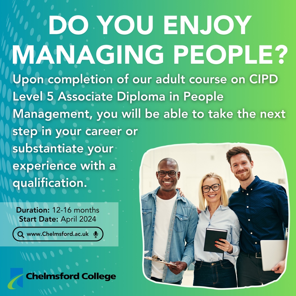 Do you want to take your career to the next step? We have start dates throughout April for our adult course! Studied over a 12-16 month period with 6 hours of study a week, it covers all aspects of people management. 😀↗ Apply here: chelmsford.ac.uk/courses/view-c… #CIPD #adultcourses