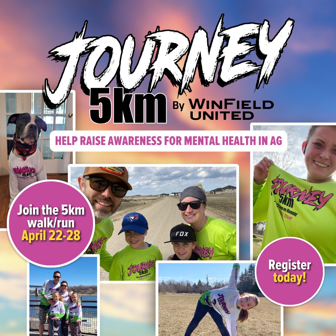 Join us for the Journey 5km by WinField United Canada, in collaboration with Do More Ag, as we raise awareness for mental health challenges within the ag community. Sign up now for Journey 5km and be a part of something meaningful: bit.ly/3TO3fwG #WinFieldJourneyForAg