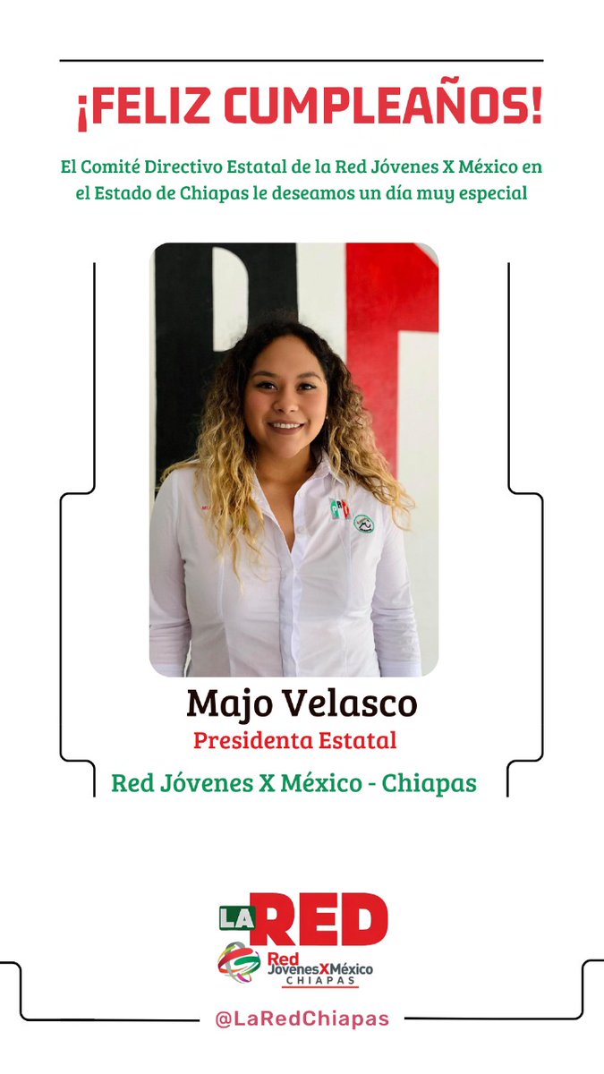 El CDE de #LaREDChiapas Felicita a nuestra Dirigente Estatal, Maria Jose Velasco Moscoso (<a href="/MoscosoMajo/">Majo Velasco Moscoso</a>); con motivo de su cumpleaños, deseándole un día lleno de alegría y mucha felicidad.

#SomosLaRED
#LaREDMásFuerte