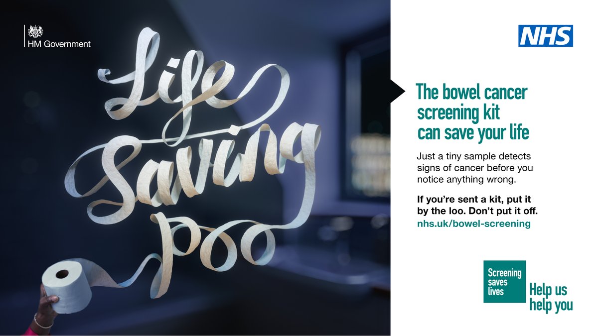 Your next poo could save your life. Just a tiny sample detects signs of cancer before you notice anything wrong. If you’re sent a bowel cancer screening kit, put it by the loo. Don't put it off. For more information, go to: nhs.uk/bowel-screening #NHS #BowelScreening