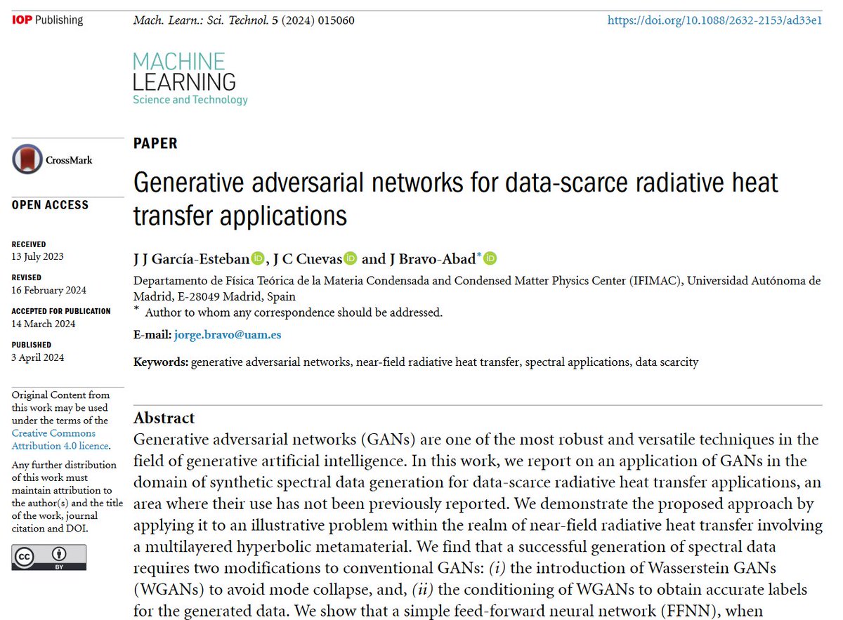 MLSTjournal's tweet photo. Great new work by J J García-Esteban @JCarlosCuevas_R @bravo_abad @ifimacuam @CienciasUAM @ftmcatuam - 'Generative #adversarialnetworks for data-scarce radiative heat transfer applications' - https://t.co/S1H4vxzeba #GenerativeAI #machinelearning #materials #nanoscience #condmat https://t.co/DPunyyV9Lc