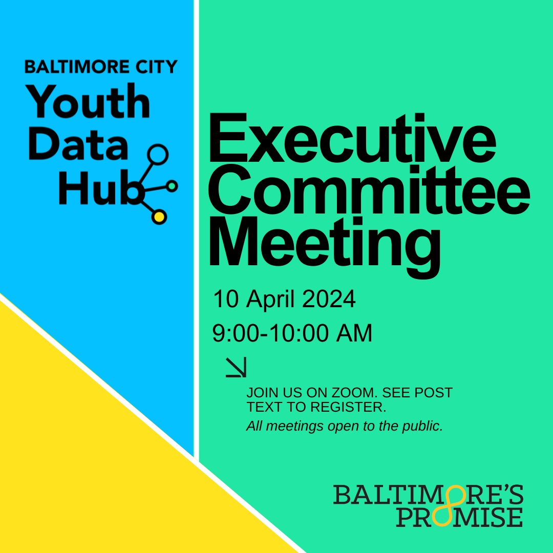 Did you know that #Baltimore City Youth Data Hub Executive Committee meetings are open to the public? Join us on April 10, 9-10 a.m., to see how decisions are made, learn about community engagement efforts, and hear about upcoming projects. Register: loom.ly/p5L0JuQ.
