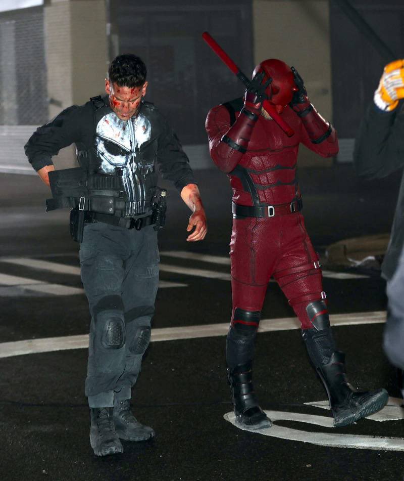 DaredevilSource's tweet image. Charlie Cox and Jon Bernthal on the set of Daredevil: Born Again.