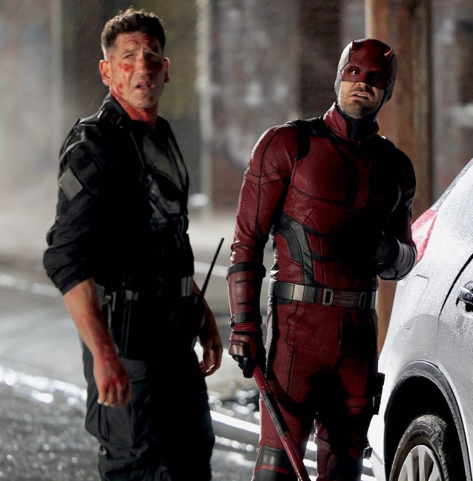 DaredevilSource's tweet image. Charlie Cox and Jon Bernthal on the set of Daredevil: Born Again.