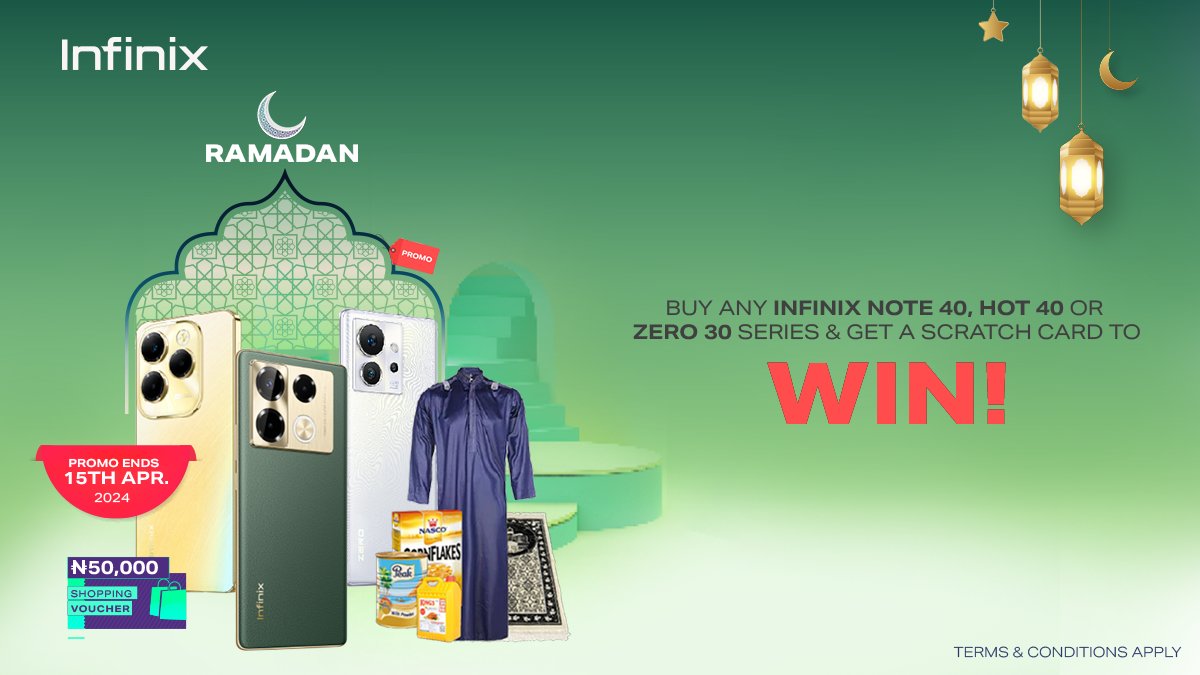 Ramadan is about sharing and showing love and that is what we have in store for you this season in the #InfinixRamadanPromo 

Buy any Note 40, Hot 40, or Zero 30 series from our authorized stores to qualify for instant Scratch & Win gifts like Rice, Oil, Provisions, Praying Mats