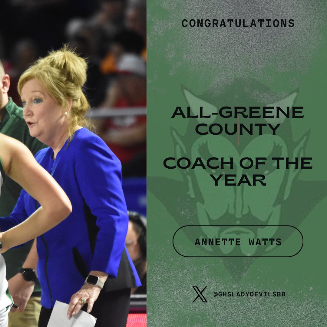 The accolades keep rolling in for your Lady Devils. Congrats to: @annashaw21 - All-County, Co-Player of the Year, All-State Playoff 3A Team @KylaJobe1 - All-County, All-State Playoff 3A Team @abbydoo2007 - All-County Coach Watts - Greene County Coach of the Year #weWILL