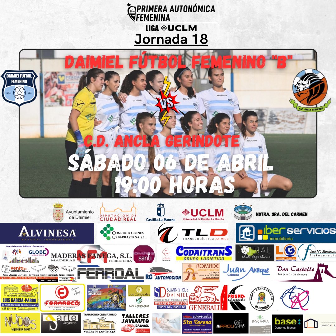 🔜 𝙋𝙍𝙊́𝙓𝙄𝙈𝙊 𝙋𝘼𝙍𝙏𝙄𝘿𝙊  | 𝙅. 𝟭𝟴

 🗓️ Sábado 06/04
 🏆 Liga UCLM 1ª Auto. Femenina. G2.
 🕕 19:00 Horas 
 🏟️ Nstra. Sra. del Carmen 
 🆚 C.D. Ancla Gerindote

#daimielfutbolfemenino #primeraautonomicafem #Ligauclm #123abocaos #futfem 

🖤🤍💙