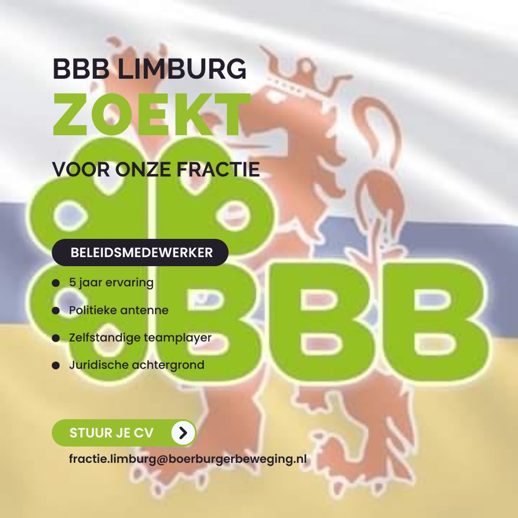 HeyAnnetje's tweet photo. Wij zijn op zoek naar een ervaren #beleidsmedewerker met juridische achtergrond. Jij gaat ons ondersteunen bij alle politieke thema’s, debatonderwerpen en beleidskaders die op de agenda van #BBBLimburg staan. https://t.co/MPURudM5Fe