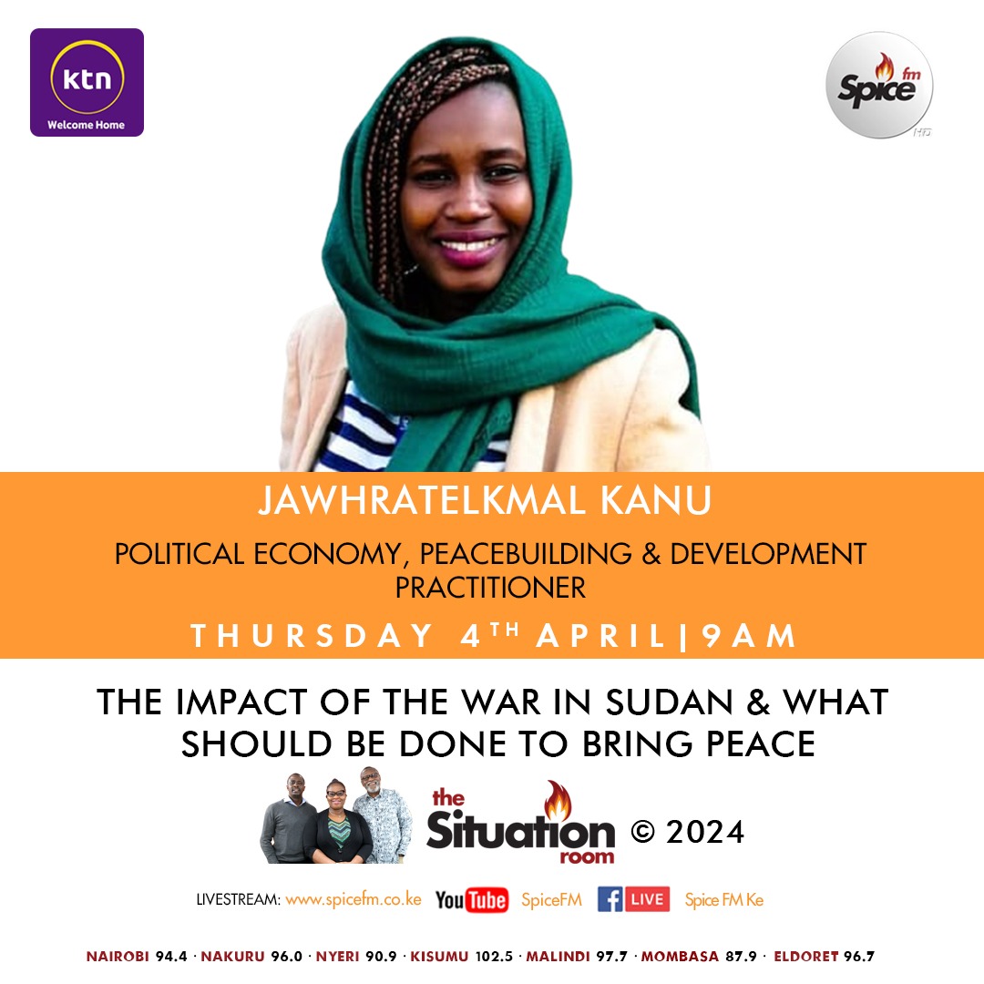 📢Tune in tomorrow @SpiceFMKE at 9am EAT for an insightful interview with @Jawharak_, as she delves into the impact of war in #Sudan and what should be done to bring peace. Don’t miss out on this enlightening discussion. #Sudan #HornofAfrica #Af4HA #SpiceFM