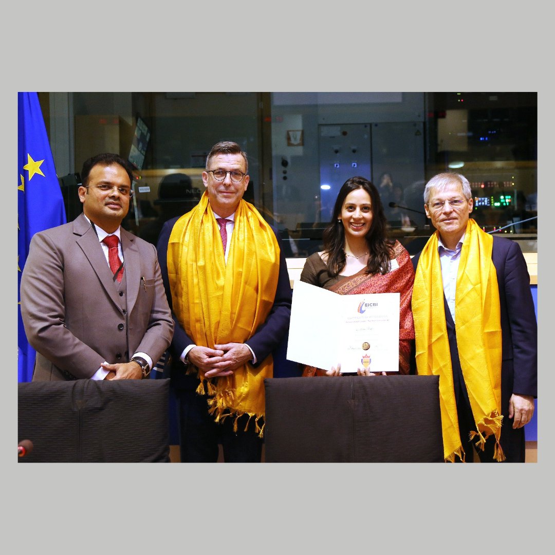 Congratulations to Radhika Singh for being presented with his #EuropeIndia40 certificate from Former Romania PM Mr. Dacian Ciolos, MEP from Romania, Mr. Lars Berg, MEP from Germany and EICBI Chairman @TheSujitNair during the EU India Leaders Conference 2024, held on March 6th