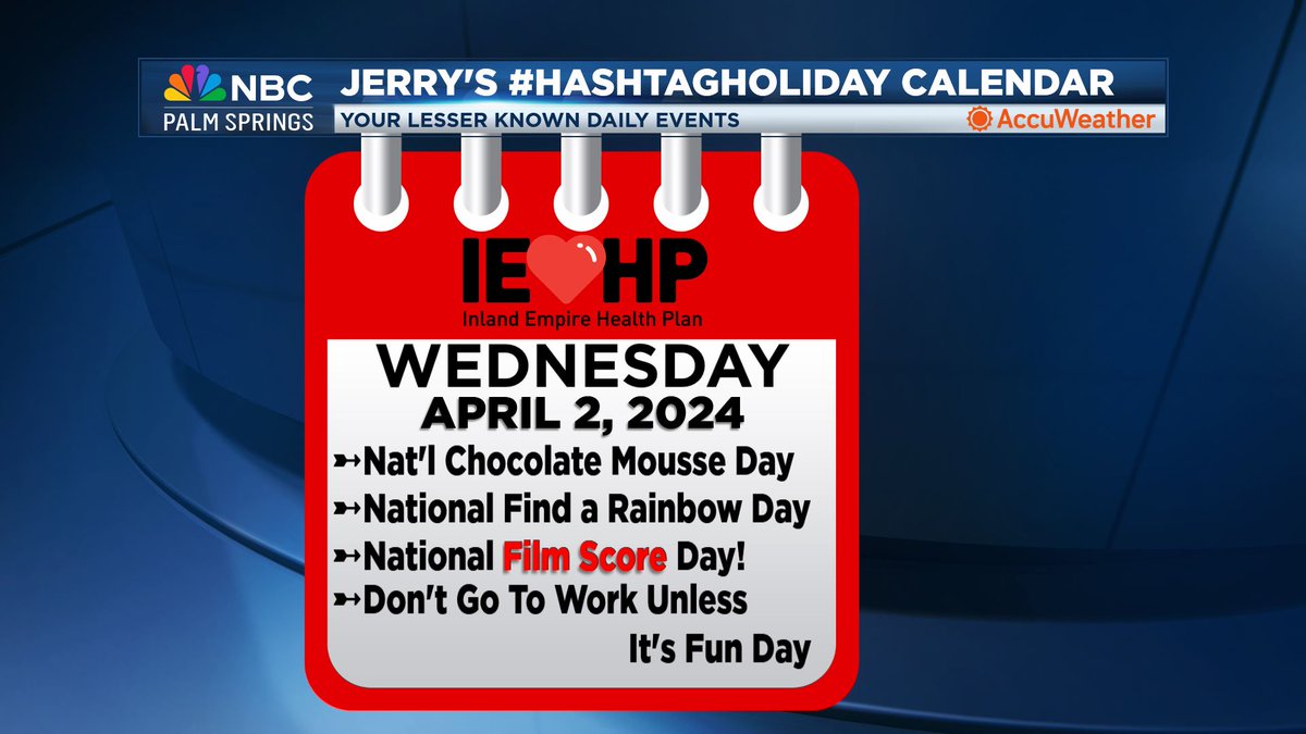 JerrySteffen's tweet image. Your #HashtagHoliday Calendar for April 3, 2024!
➼ #DontGoToWorkUnlessItsFunDay: So, make it fun!
➼ #NationalChocolateMousseDay: A dessert mousse-terpiece!
➼ #NationalFindARainbowDay: &apos;Somewhere...&apos;
➼ #NationalFilmScoreDay: #1 is still &apos;The Bodyguard&apos;
@NBCPalmSprings