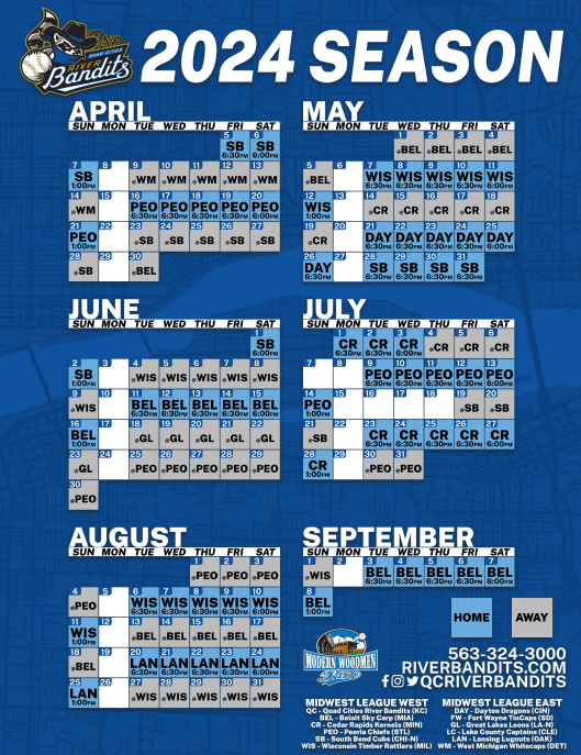 It's @ModernWoodmen Win it Wednesday & the River Bandits Opening Day is this Friday! Retweet this post with our schedule for a chance to win Four (4) Bleacher Tickets to the game on Friday. Winner will be selected tomorrow. (One winner will be selected from Facebook or Twitter.)