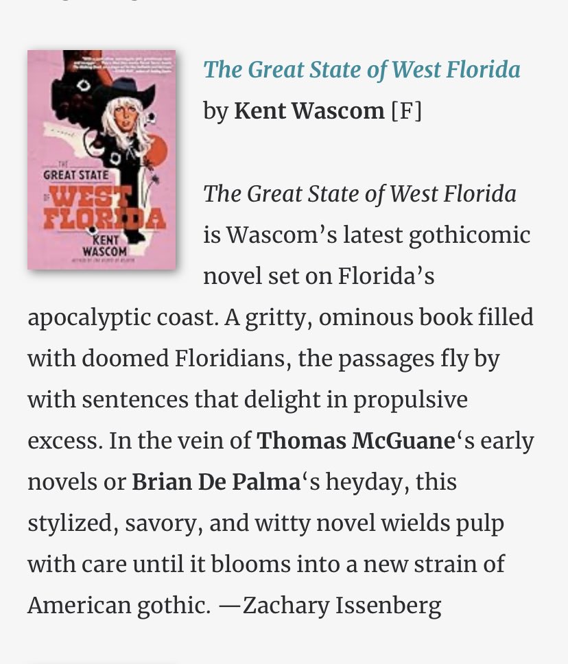 The Great State of West Florida is one of @The_Millions Most Anticipated Books of Spring! Blown away by @ZIssenberg’s review. I don’t think I’ll ever get over the McGuane and De Palma (!) comps 😭
