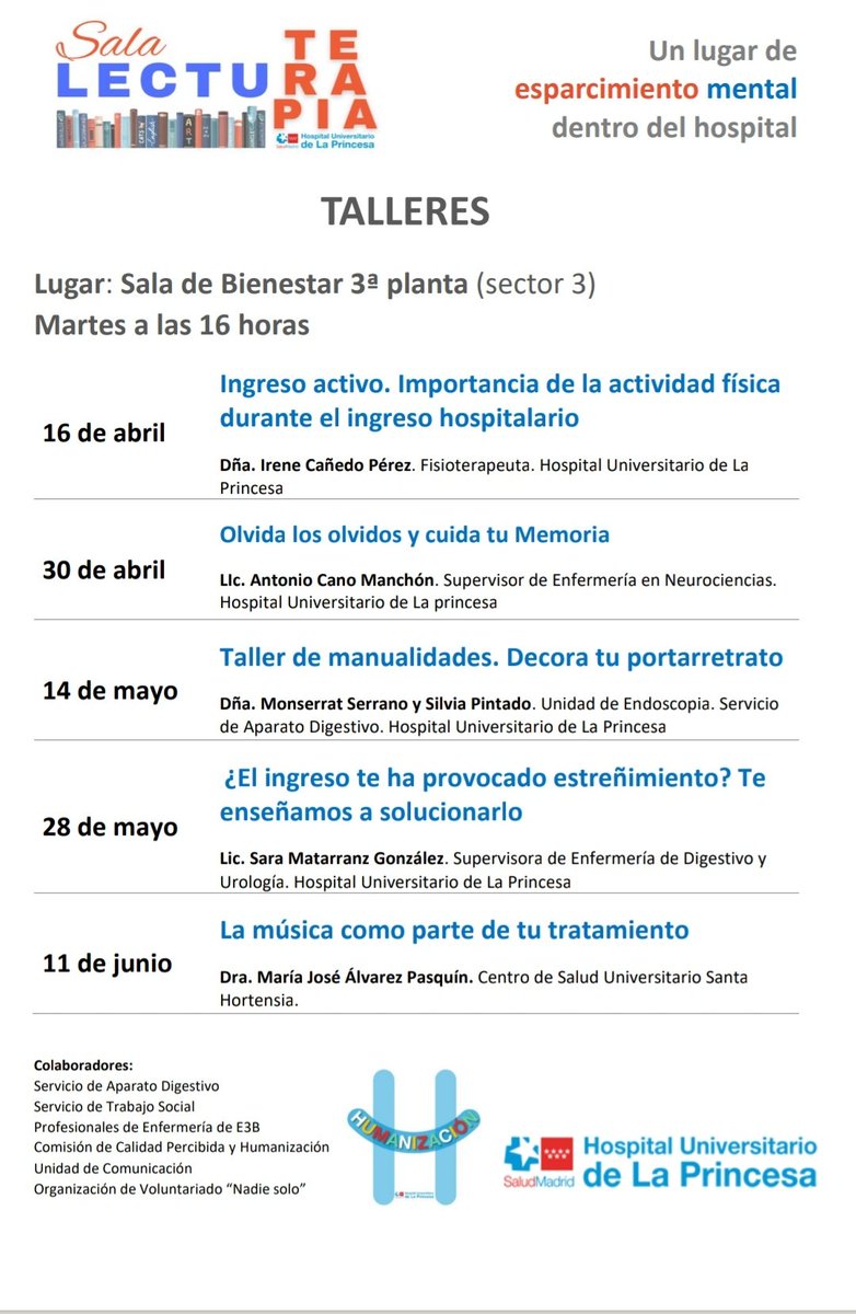 Os compartimos la lista de talleres que tendrán lugar en los próximos 3 meses en la sala #LectuTerapia, ubicada en la 3°Planta para pacientes ingresados.
Os animamos a asistir :)