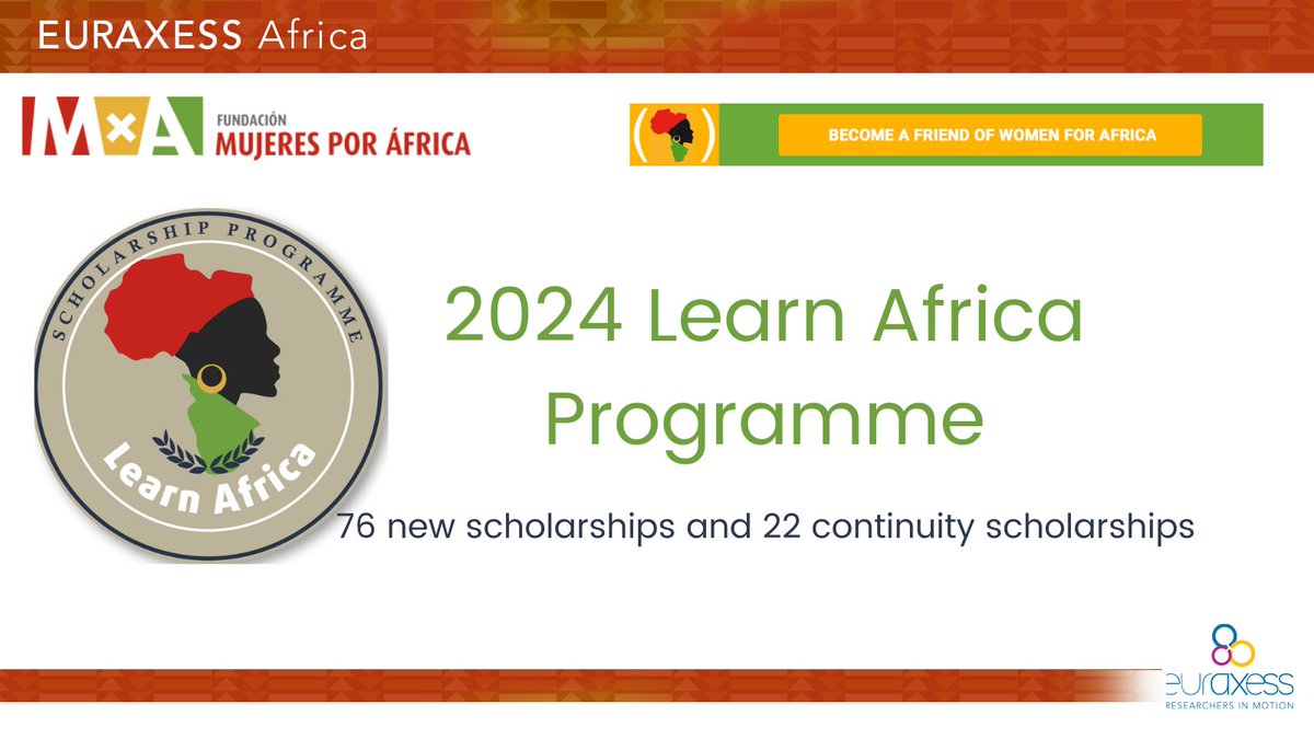 😎 The #LearnAfrica scholarships are back for the upcoming academic year!

👩🏿‍🎓 A total of 76 new scholarships and 22 continuity scholarships opportunity to advance your education! 📚

More Here : euraxess.ec.europa.eu/worldwide/afri…

#EUAfrica #Scholarships #HigherEducation #WomenInSTEM