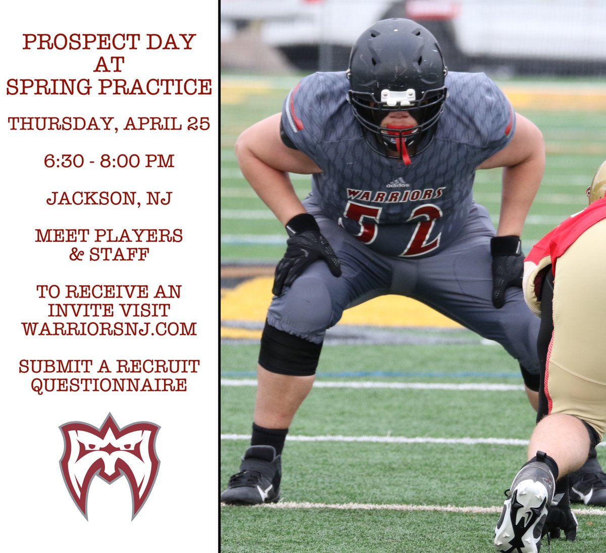 NJ Warriors JUCO FB (@njwarriorsfb) on Twitter photo Prospect Visit Day at Spring Practice
Thursday, April 25
To receive an invite submit a recruiting questionnaire:
warriorsnj.com/questionnaire
<a href="/CoachC_NJW/">Craig Cicardo, Sr.</a> Prospect Visit Day at Spring Practice
Thursday, April 25
To receive an invite submit a recruiting questionnaire:
warriorsnj.com/questionnaire
<a href="/CoachC_NJW/">Craig Cicardo, Sr.</a>