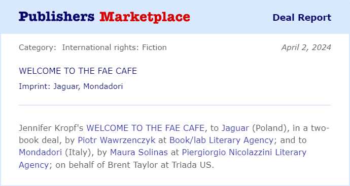 Congratulations to Jennifer Kropf on the Polish sale of WELCOME TO THE FAE CAFE! #TeamTriada
