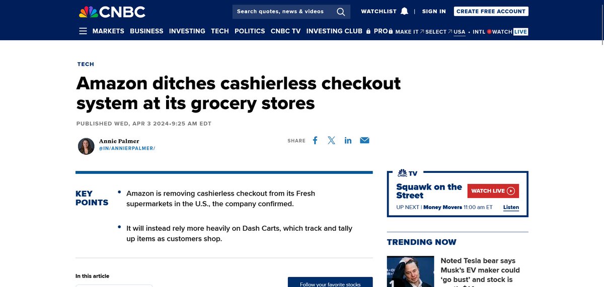 Amazon is removing its cashierless checkout systems at Fresh supermarkets in  the U.S., the company confirmed, marking the latest recalibration of its  grocery strategy. cnbc.com/2024/04/03/ama…?