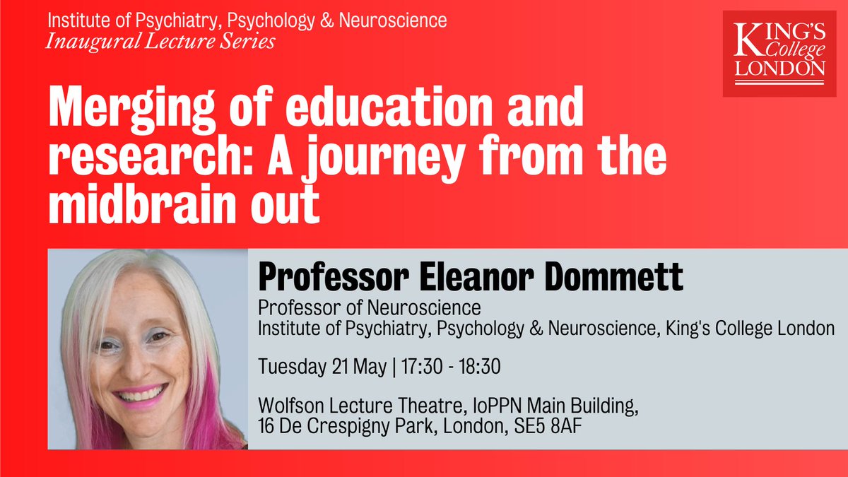 Join us at the IoPPN Inaugural Lecture series featuring Eleanor Dommett as Professor of Neuroscience, King’s College London on ‘Merging of #education and #research : A journey from the midbrain out.' 📅 Tuesday 21 May | 17.30 - 18.30 👉bit.ly/4aeFHqu