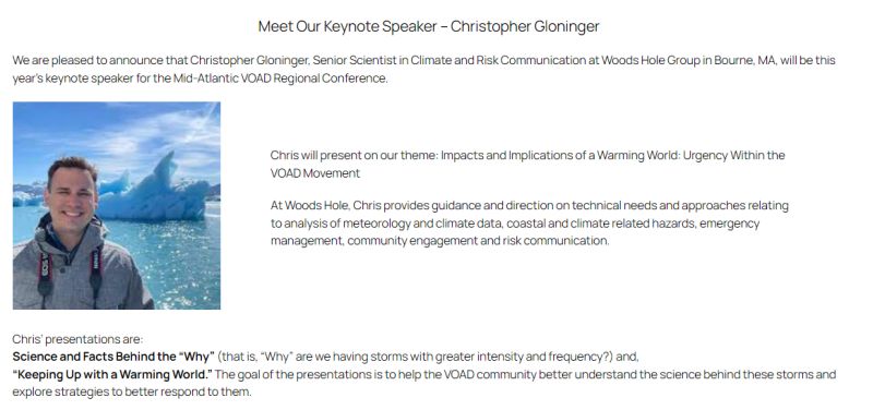 Looking forward to joining the @NationalVOAD Mid-Atlantic Conference next week. It is critical to get emergency managers involved in the #climatechange conversation. With climate-fueled disasters, some happening concurrently, resources have been strained and spread too thin.