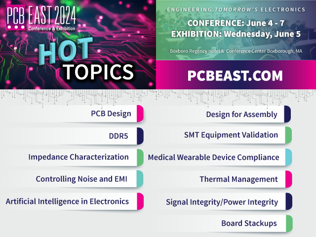 PCEAssociation's tweet photo. If it’s HOT, you’ll learn about it from leading #PCBengineering experts in the #electronics industry at PCB East in June: #AI, #boardstackups, #DDR5, #designforAssembly, #EMI, #pcbdesign, #powerintegrity, #SI, #SMTequipment, and #thermalmanagement – and more! https://t.co/NSgfROvygU