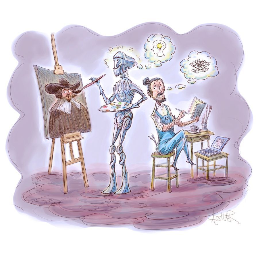 What do we make of artificial intelligence in the creative process? Good Question! This is one of many pieces that (human) artist Brian Ajhar has illustrated for @MadisonMag's monthly 'Good Question' column. See more here: rappart.com/project/madiso… @AjharArt #ai #cartoon