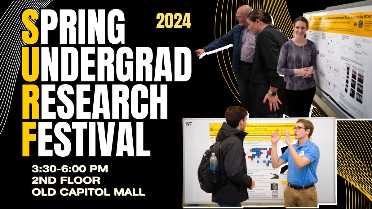 Today is the BIG DAY!! Stop by for the 2024 Spring Undergraduate Research Festival from 3:30 -6:00pm on the 2nd floor of the Old Capitol Mall. Come see undergraduate researchers present their posters. More Info: our.research.uiowa.edu/events-0/under…