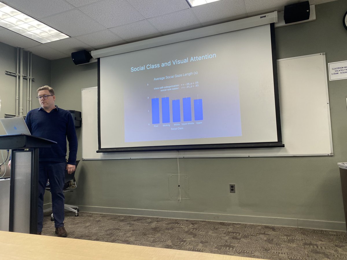 So fun having @eric_knowles visit us @DukePsychNeuro for our brown bag last week! He talked all about social class and how it intersects with context and showed cool data highlighting differences based on social class in how we scan our social surroundings! 👓