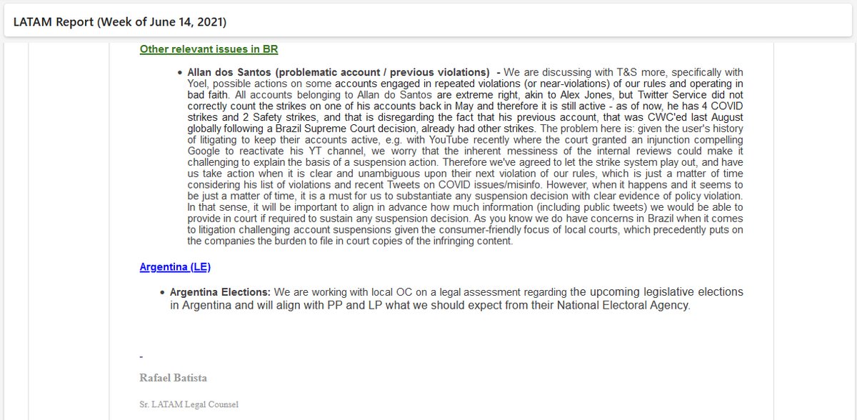 “Even though the complaint is legitimate, the requests are unreasonable” Batista emailed his colleagues on June 14, 2021, to say that “Twitter was served last year with a 'complaint notice', which now was turned into a civil investigation against us.” Batista explained that…
