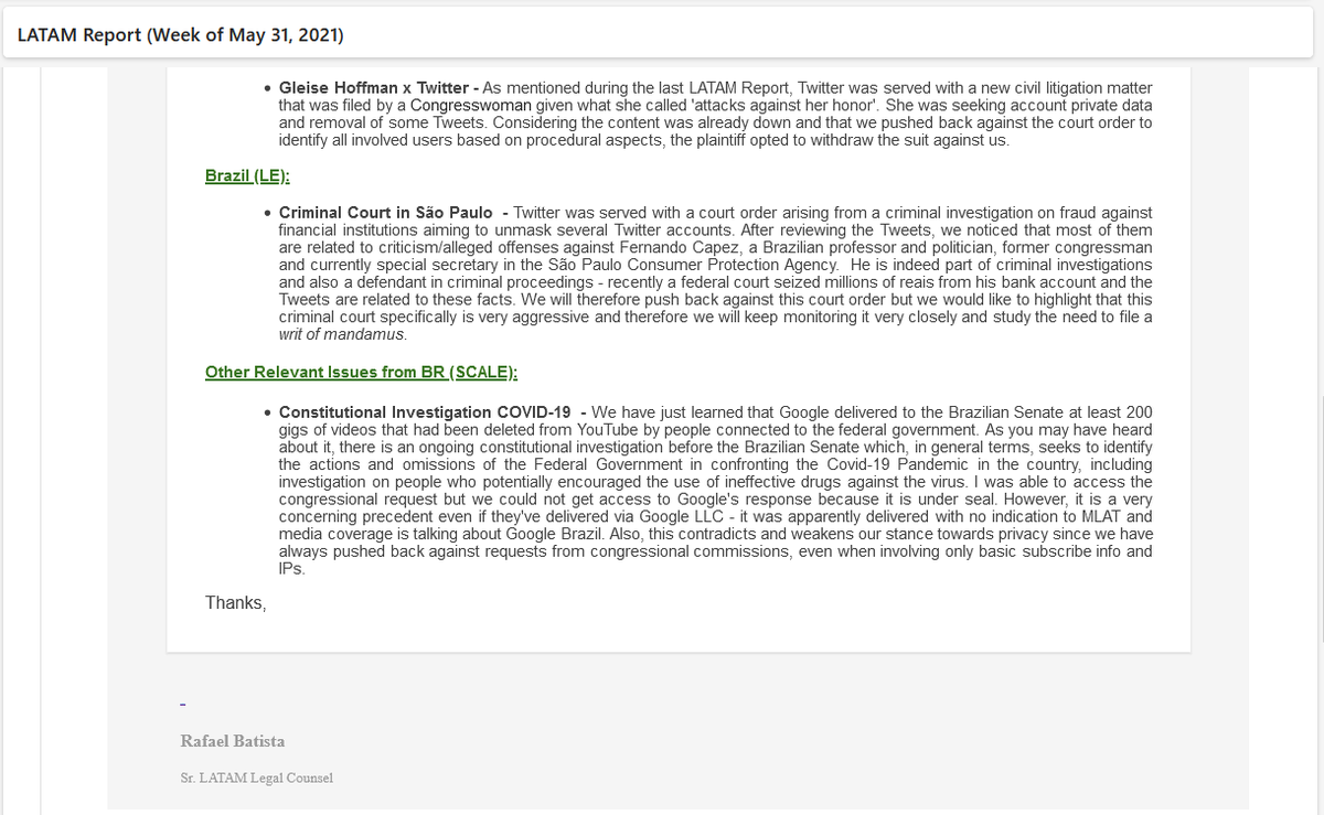 'Unmask several Twitter accounts...' In the same email, Batista noted that a court in São Paulo had demanded that Twitter “unmask several Twitter accounts… related to criticism/alleged offenses against Fernando Capez, a Brazilian professor and politician, former congressman and…