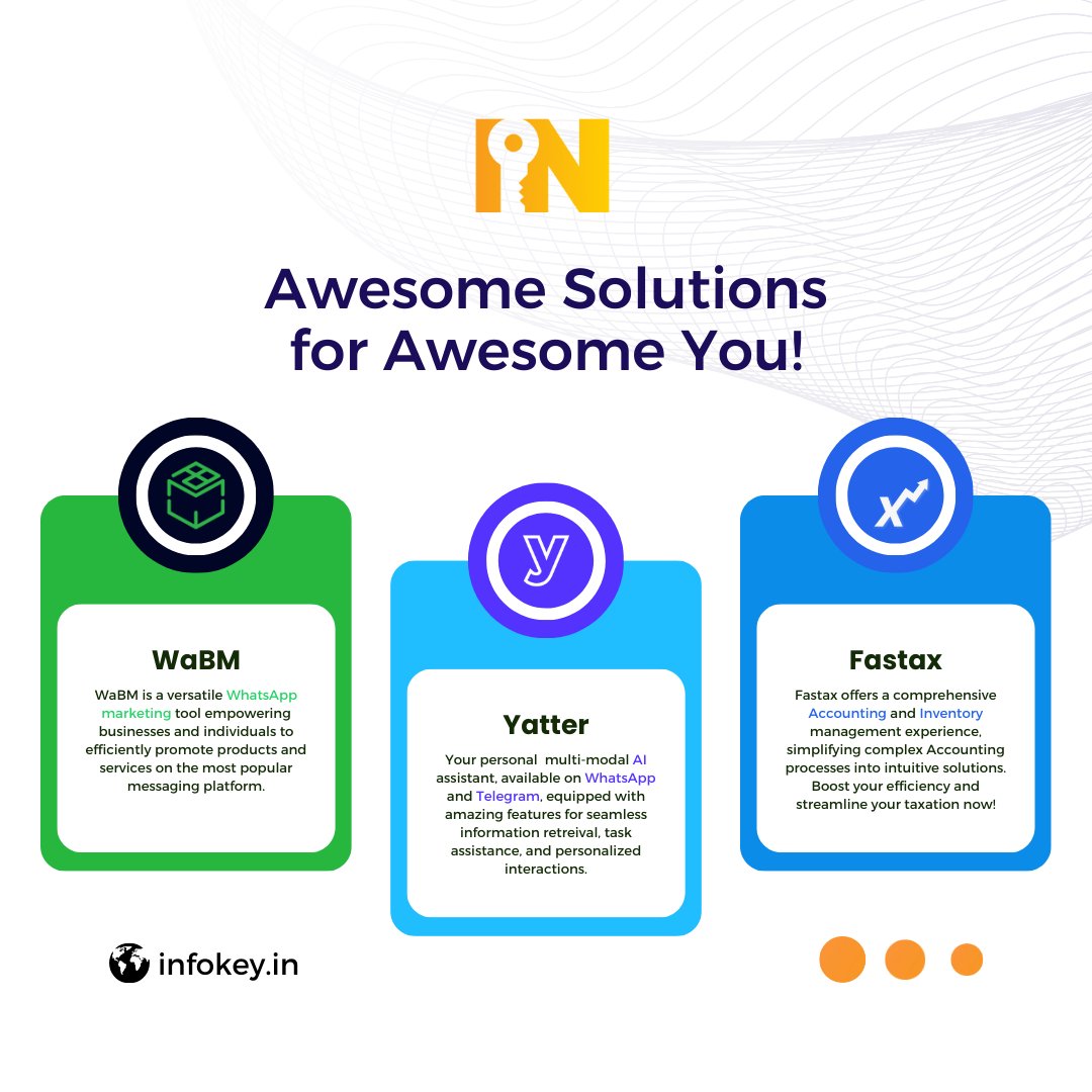 YatterAI's tweet photo. Unlocking efficiency with InfoKey Technology's suite of software solutions: WaBM for seamless whatsapp marketing, Fastax for intuitive accounting, and Yatter for streamlined communication. Elevate your business operations today!
.
.
#Innovation #Software #yatter #Twitter https://t.co/aKR0WTIUsZ