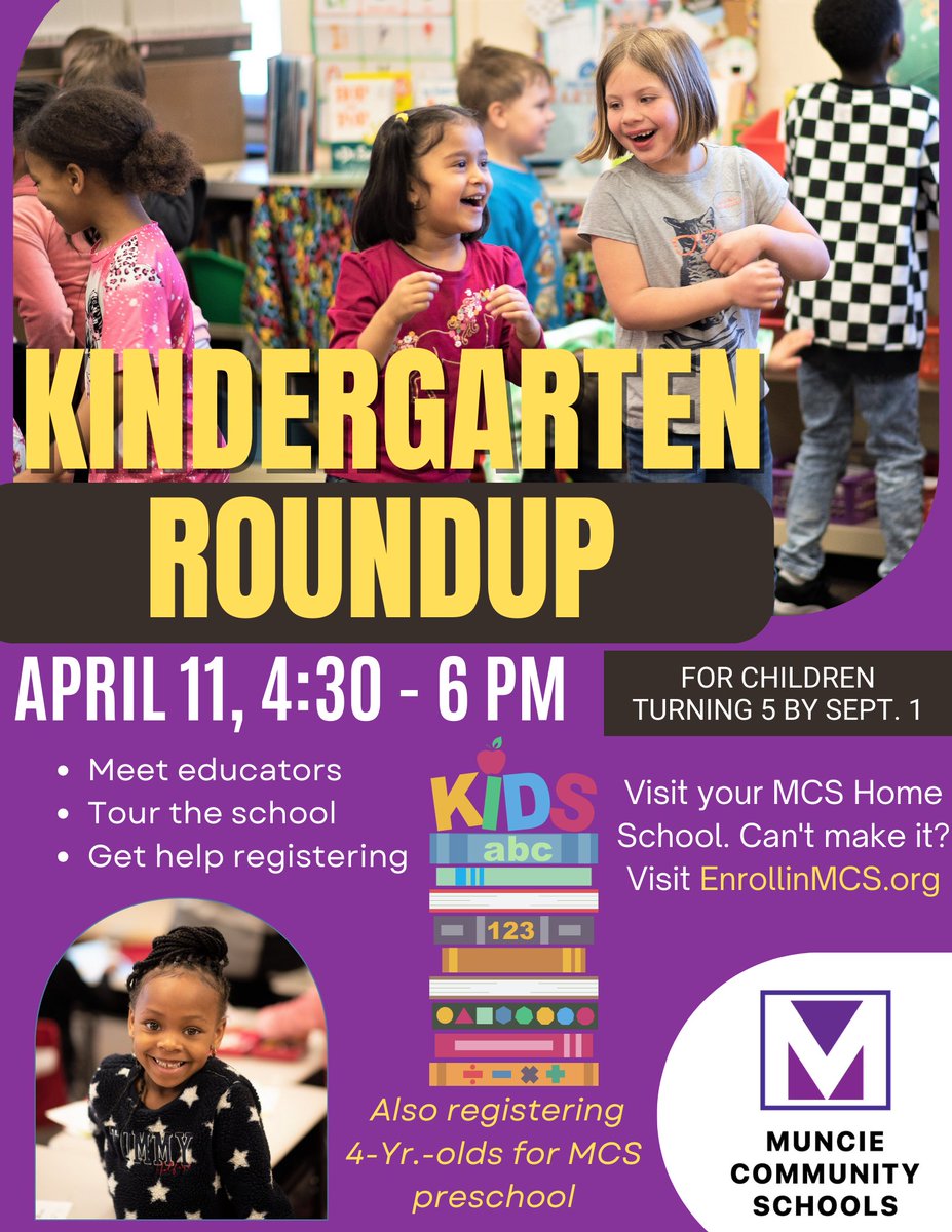MuncieSchools's tweet photo. Another reminder for anyone with a child turning 5 by Sept. 1, Kindergarten Roundup is next Thursday at all our schools! #CradleToCareer https://t.co/2lMUGHDw5h