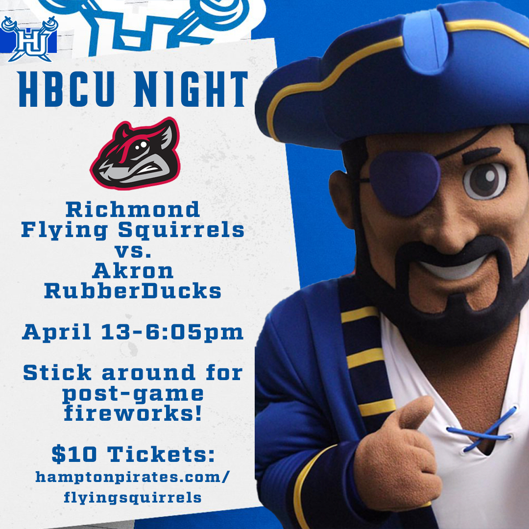 Join us for HBCU Night at the @GoSquirrels game on Saturday, April 13. For tickets, visit hamptonpirates.com/flyingsquirrels #WeAreHamptonU
