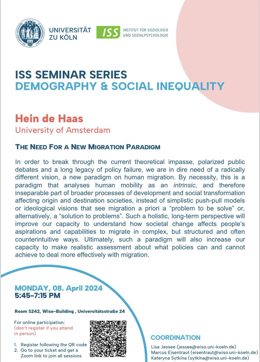 📆Join the first presentation Monday, April 9. Hein de Haas will be talking about “the need for a new migration paradigm.