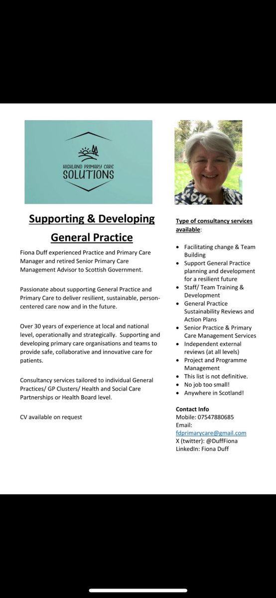 Delighted to announce the launch of my Consultancy service Highland Primary Care Solutions to support General Practice and primary care to be more adaptable, sustainable and resilient in the future! Please share my flyer and happy to chat about any help I can provide!