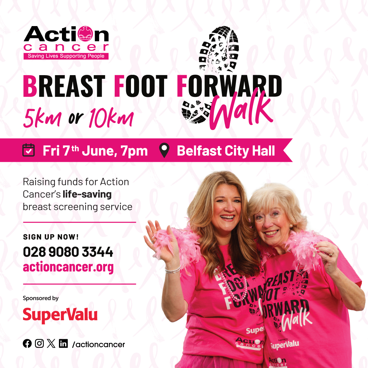 EARLY BIRD REGISTRATION IS NOW OPEN! Offer until 30th April🎫Adult £10 & Child £5. Early bird sign-ups have the chance to win an overnight stay at a local hotel!🏨 ✍️Sign up at actioncancer.org Our Breast Foot Forward Walk is kindly sponsored by SuperValu NI #BFFwalk