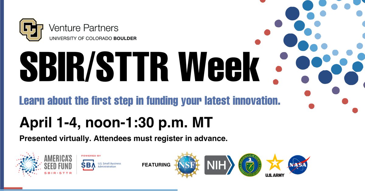 DOE presenting today! Venture Partners at CU Boulder and the CU Boulder Center for Translational Research are hosting SBIR/STTR agency representatives from NSF, DOE, NIH and NASA. Learn More and Register Here!  lnkd.in/esHwByXM or lnkd.in/ek93wtZx