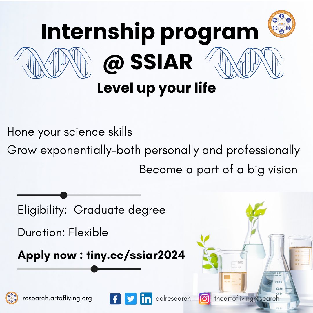 The Art of Living Research (@aolresearch) on Twitter photo Join us for the 2024 summer edition of the SSIAR Research Internship Program <a href="/ArtofLiving/">The Art of Living</a>
Eligibility: Any Graduate
Duration: Flexible
To apply: tiny.cc/ssiar2024
Deadline: 1st May
Hurry, limited seats available!
For more details, call us at 86609 40066. Join us for the 2024 summer edition of the SSIAR Research Internship Program <a href="/ArtofLiving/">The Art of Living</a>
Eligibility: Any Graduate
Duration: Flexible
To apply: tiny.cc/ssiar2024
Deadline: 1st May
Hurry, limited seats available!
For more details, call us at 86609 40066.