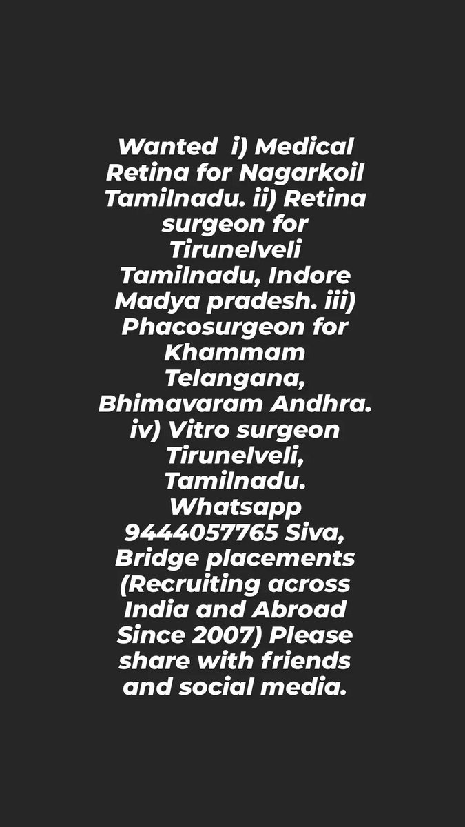 #Medicalretina #Retinasurgeon #Ophthalmologist #Ophthalmology #Tirunelveli #Indore #healthcare #Freerecruitment #MultispecialtyHospital #bridgeplacementsjobs #medicaljobs #hospitaljobs #medicalfacultyjobs #doctorjobs #medicalcollegejobs #abroadjobs