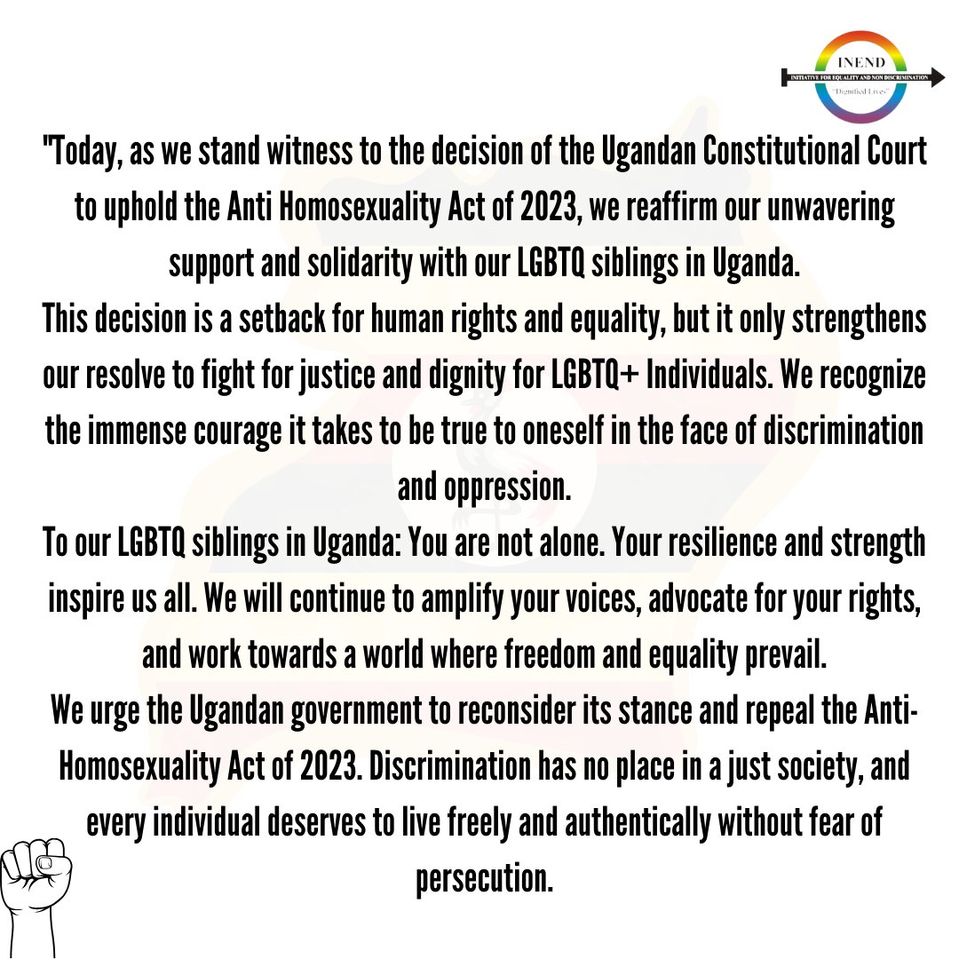 INENDorg's tweet photo. SOLIDARITY WITH OUR LGBTQ+ UGANDAN SIBLINGS Following  The Constitutional Court declined to nullify the Anti-Homosexuality Act 2023 in its ''entirety."                                                    
#RepealAHA2023 #RepealAHA23 https://t.co/tVDonlc6oQ