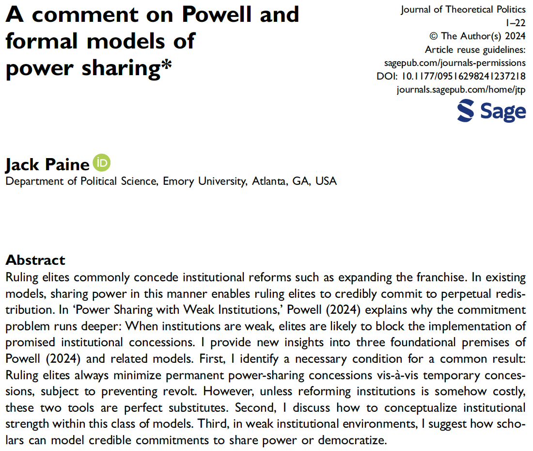 🚨Pleased to announce Bob Powell's final paper published at JTP! 🚨 Model of authoritarian power sharing and the problems of weak institutions. I wrote an accompanying comment. Submitted on behalf of Bob's estate by me, @annemeng_, and Ernesto Dal Bo journals.sagepub.com/home/jtp